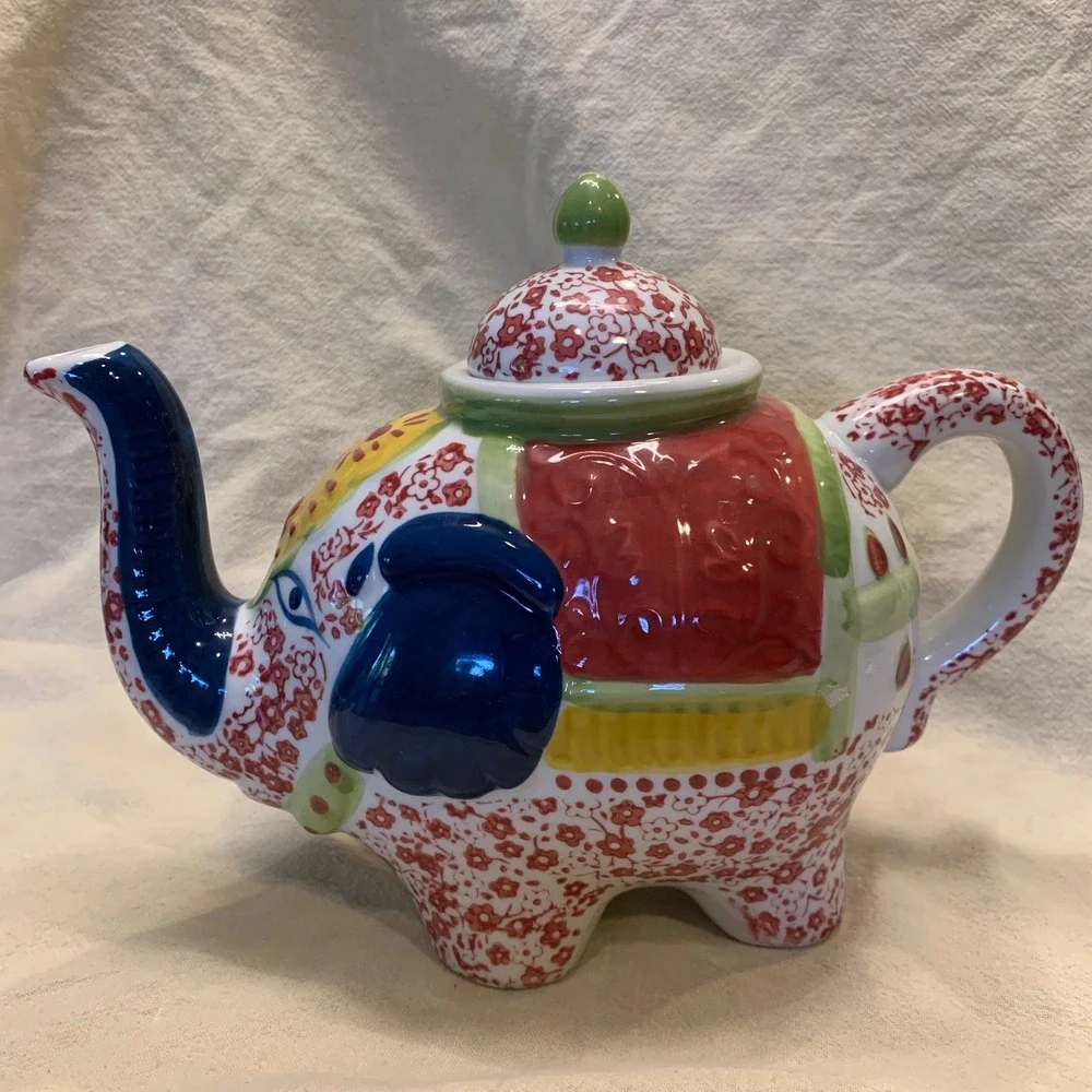 Ceramic‎ Elephant Teapot Multicolor Floral Boho Hand Painted Decorative Decor